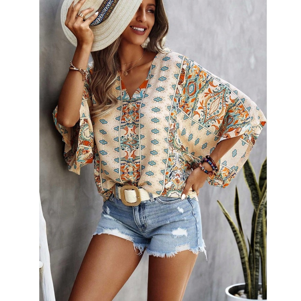 Printed Beige Multicolor Batwing Sleeve V-Neck Blouse Top - Picture 11 of 11